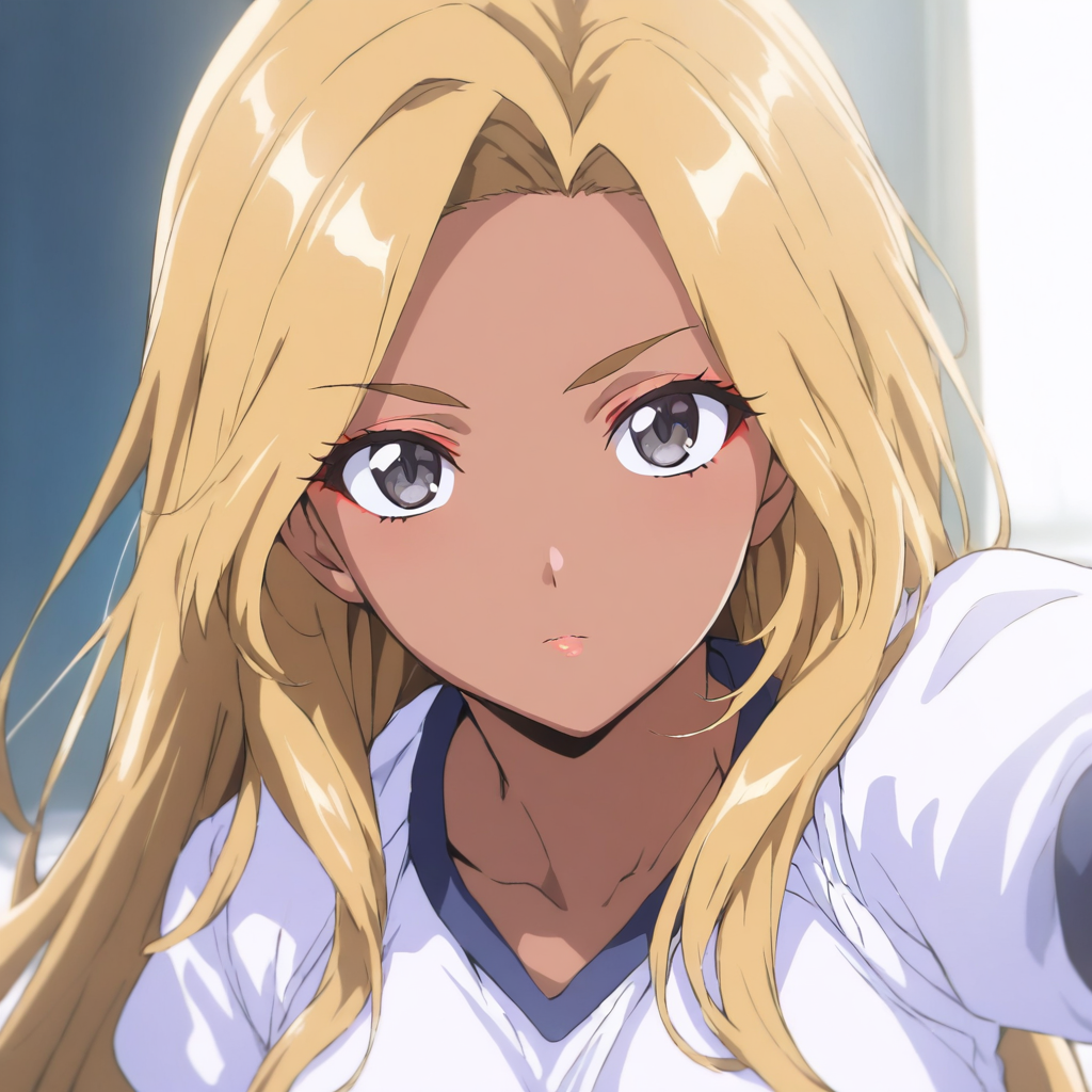 solo,looking at viewer,upper_body,portrait,masterpiece,high score,great score,absurdres,gym uniform,<lora:Furyou2_kisaku ag4o v1:1> furyoushoujo2, blonde hair, long hair, dark skin, black eyes, makeup,