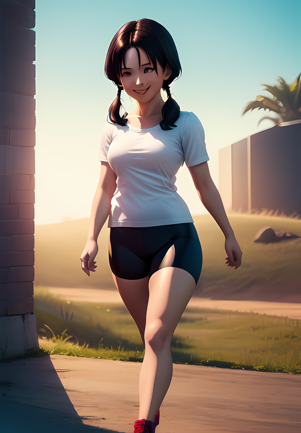 <lora:Videl:0.8>, Videl, 1girl, solo, smile, white shirt, bike shorts,, (acclaimed, alluring, captivating, exciting, gorgeous, striking:1.3), (trending on CGSociety, trending on pixiv, contest winner:1.3)
