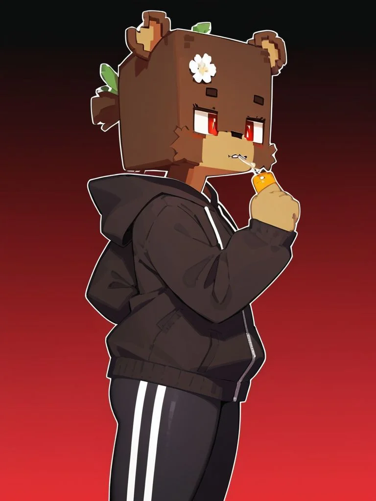 minecraft, score_9_up, score_8_up, furry female, bia, flower in hair, zipper mouth, teddy bear, solo, red eyes, tie-dye performance leggings, rugby hoodie, ,, looking sideways, from side, looking away, blue and red background gradient, <lora:y-Bia_SlipperyT:0.8>, ((art by Rukis))