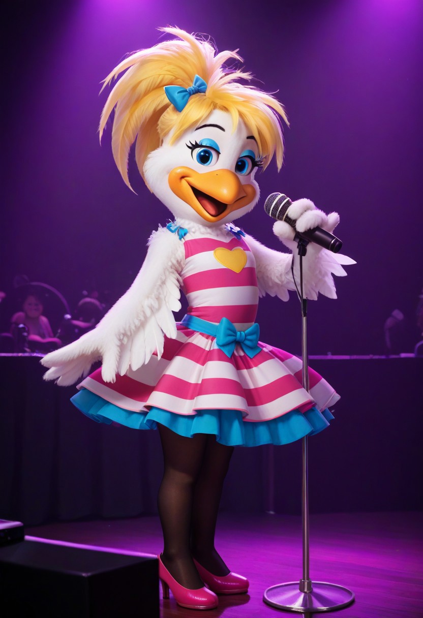 score_9, score_8_up, source_cartoon, toony, 1girl, solo, furry, bird girl, beak, white feathers, blue eyes, blue eyeshadow, blonde hair, feather hair, ponytail, bow, striped dress, pantyhose, pink heels, 2010, microphone, stage light, rave, singing,