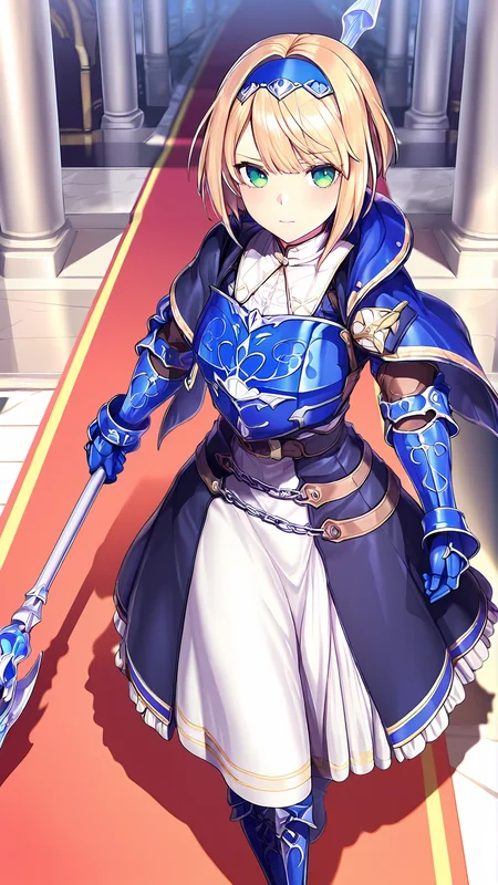 amazing quality,absurdres,best quality,masterpiece,highres,newest,detailed,detailed body,detailed face,masterpiece,best quality,solo,
ããªã¹ãã©,1 girl,blonde hair,short hair,green eyes,hairband,dress,armor,gauntlets,boots,chain,polearm,<lora:æ»
ç§ã®é¨å£«éããªã¹ãã©:0.8>,