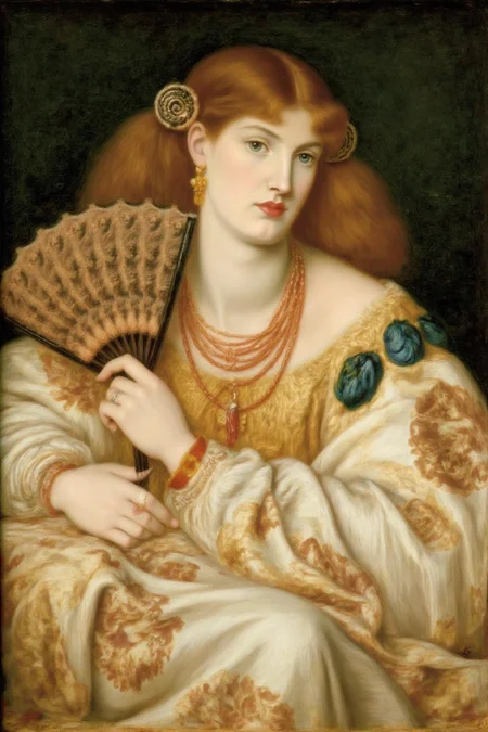 dgr painting.
The woman has long, flowing, auburn hair adorned with a pair of spiral shell earrings. She wears an elaborate, off-the-shoulder dress with a white and gold brocade pattern featuring intricate, swirling designs. The dress has a luxurious, textured fabric that appears to be silk or velvet. She is holding a folded fan with her hand.
 <lora:dgr1_cap_d6a3e8:1.0><lora:819491099073654045:0>