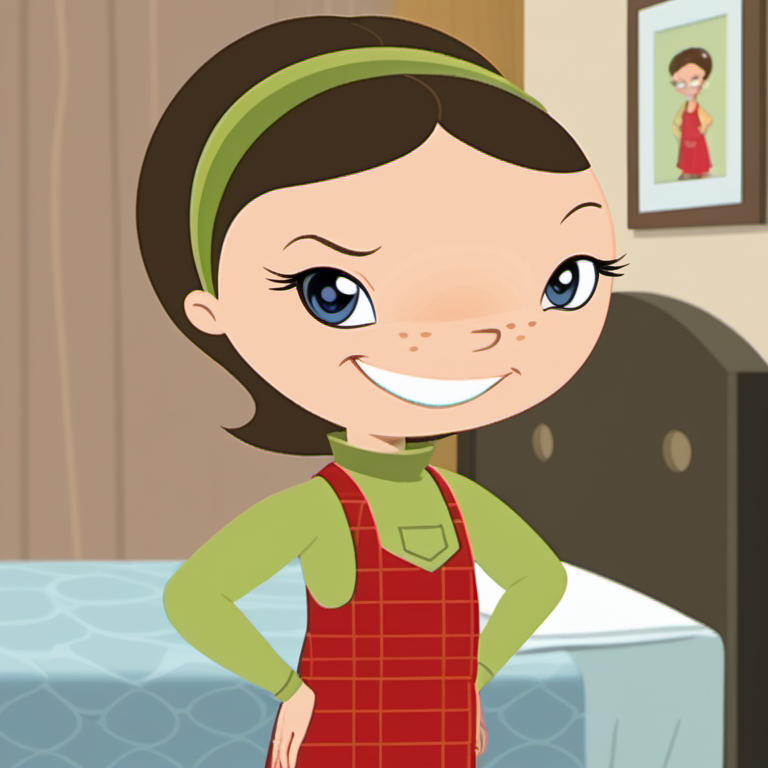 score_9, solo, 1girl, wwl1, blue eyes, grin, looking at viewer, freckles, brown hair, dress, turtleneck, smug, short hair, child, green hairband, hands on hips, retro artstyle, bedroom, <lora:wwl1-000009:1>,