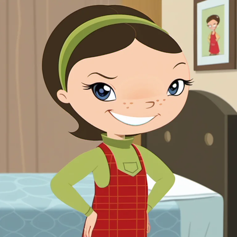 score_9, solo, 1girl, wwl1, blue eyes, grin, looking at viewer, freckles, brown hair, dress, turtleneck, smug, short hair, child, green hairband, hands on hips, retro artstyle, bedroom, <lora:wwl1-000009:1>,