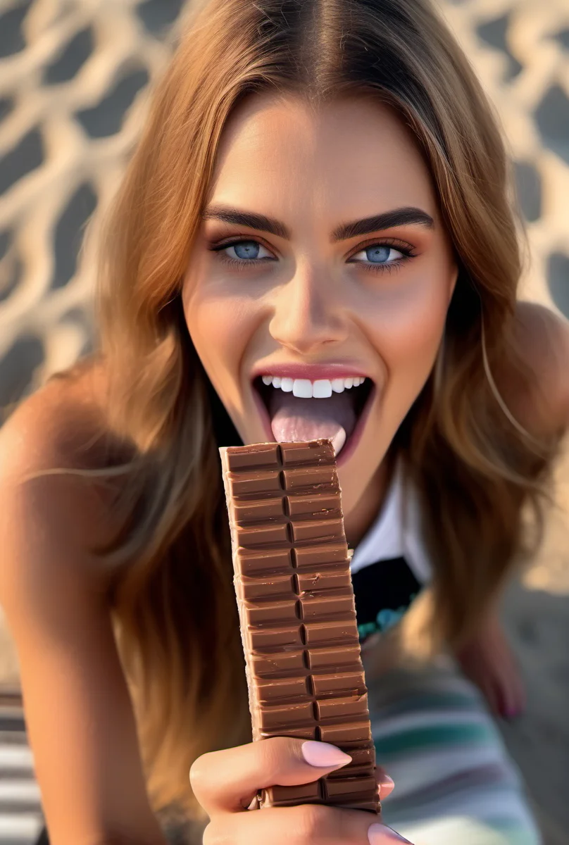fashion model woman with a Choclate bar in her mouth, outside, at beach <lora:woman_bj_xl_lora-000030:1>, hi detail, sharp focus, perfect lighting, awesome, dslr, 4k high quality. extra detail, extra sharp, magical, perfect moment, natural skin, pores