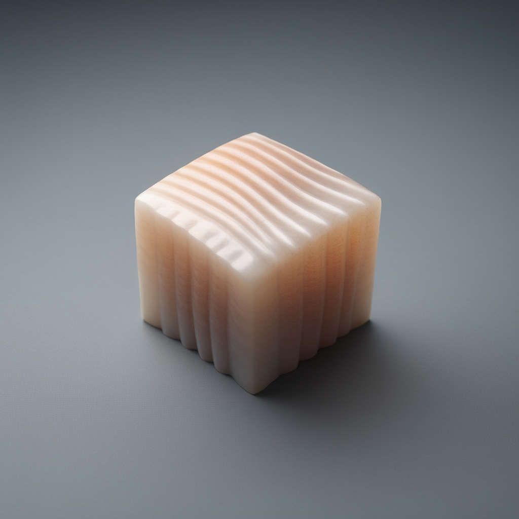 A unique scene capturing a scallop, but not just any scallop. This one has taken on the form of a perfect cube, its ridged shell still recognizable but now conforming to the strict geometric shape. The cubic scallop sits on a neutral background, its unusual form casting a soft shadow. The juxtaposition of nature and geometry is both jarring and fascinating. Medium: Digital Photography. Style: Surrealistic. Lighting: Soft overhead lighting to emphasize the cube's edges and the scallop's natural texture. Colors: Natural hues of the scallop contrasted against a muted background. Composition: Shot with a Canon EOS R5, using an RF 24-70mm F2.8 L IS USM lens, Resolution 45 megapixels, ISO: 100, Shutter speed: 1/60 second, focusing on the cubic transformation of the scallop., <lora:chunks3:0.45>