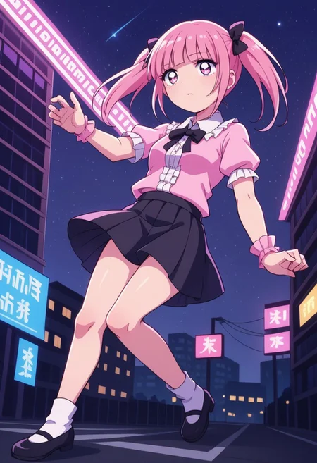 score_9, score_8_up, score_7_up,
masterpiece, best quality, detailed, amazing quality,
detailed background, city, night, city lights,
detailed eyes, clean eyes,
dynamic pose,
easynegative,
solo, 1girl, menhera-chan, jirai kei, frilly, pink blouse, black skirt,