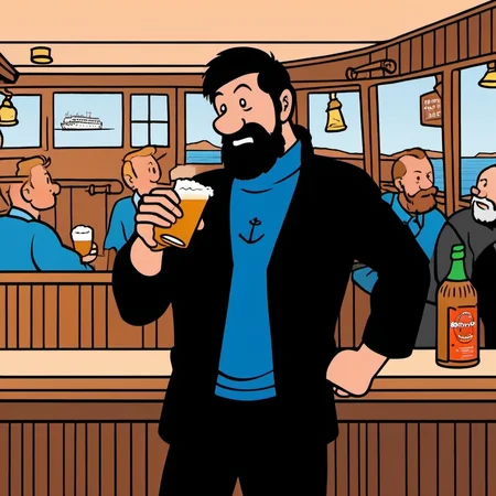 comic full body portrait man ,black hair, blue shirt, black jacket, blush, black pant, facial hair, aving a beer in a cruiseboat pub <lora:Haddock1024:0.8> . graphic illustration, comic art, graphic novel art, vibrant, highly detailed