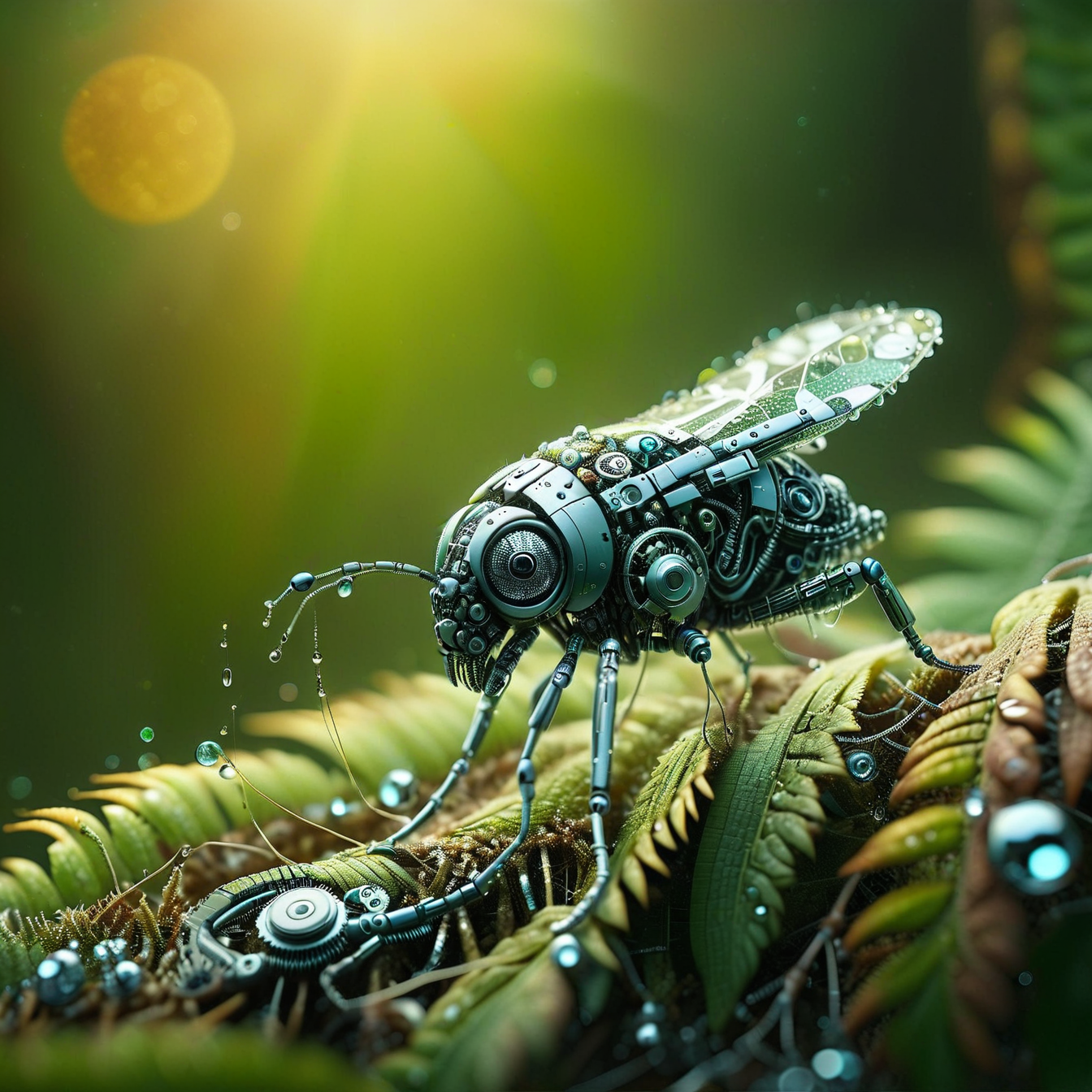 In a tilt-shift, macro-photographed scene with a shallow depth of field, a tiny, iridescent robotic insect, its body a mesmerizing mosaic of microscopic mirrors and gears, perches on the velvety, emerald-green edge of a dew-kissed leaf, surrounded by a constellation of glistening, crystal-like droplets that refract and reflect the soft, golden light filtering through the forest canopy above, amidst a tapestry of intricate, lace-like ferns and moss-covered twigs, with the blurred, bokeh-rich background a warm, earthy blend of umber, sienna, and olive hues.