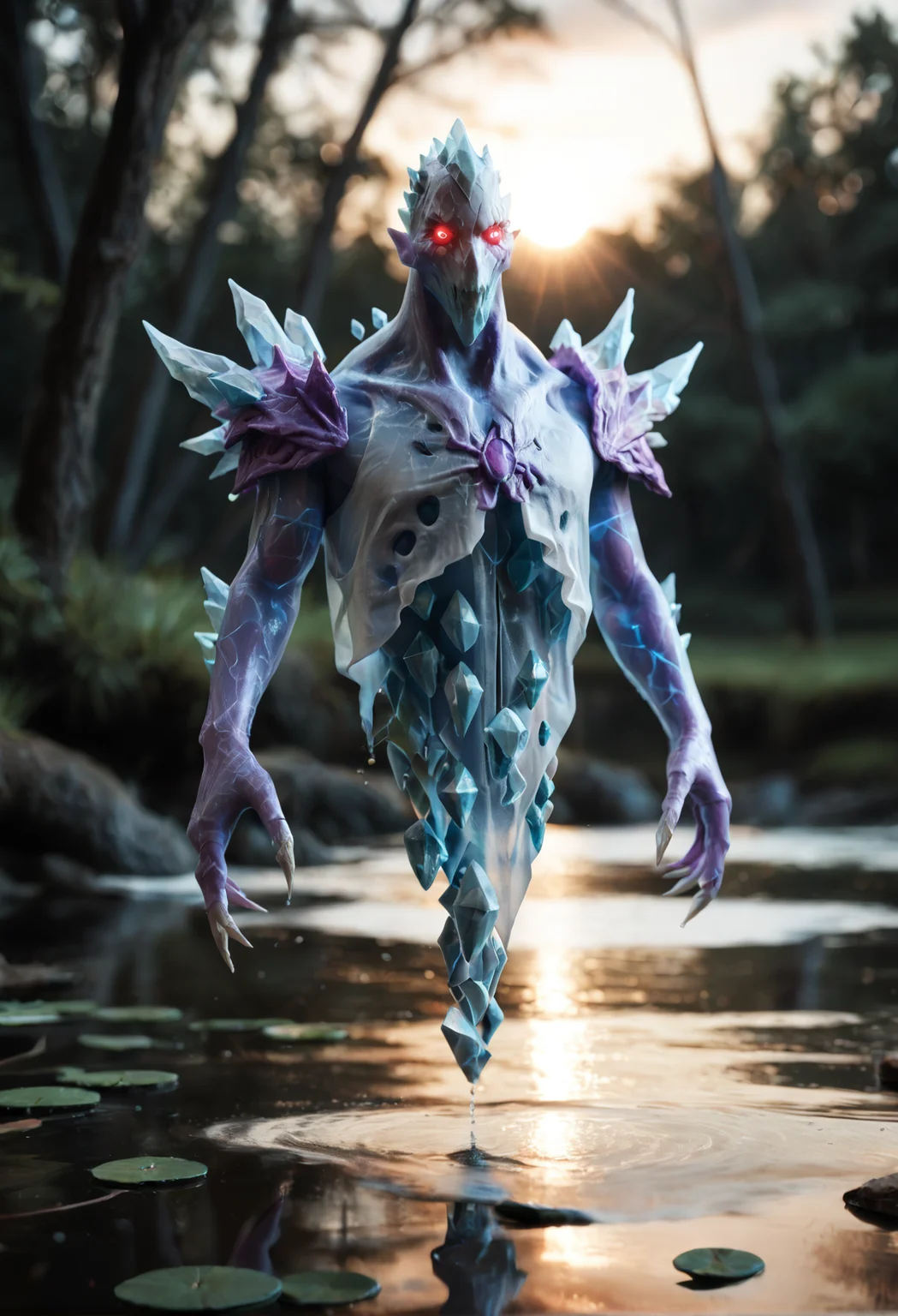 <lora:Ancient_Apparition_V2:1> ancient_apparition_v2, 
 monster, no humans, pokemon (creature),
red eyes,   glowing eyes, 
claws, spike
glowing, ice, crystal, floating,, score_9, score_8_up, score_7_up, score_6_up, derpibooru_p_95,
detailed eyes, beautiful, detailed background, perfect eyes,
blur censor, blurry, blurry background, blurry foreground, bokeh, motion blur,
chromatic aberration, depth of field, figure, focused,  focus
photography, realistic sun light and shadows, photorealism, UHD --ar 9:16 --style raw --stylize 700,
solo,
A tranquil pond surrounded by weeping willow trees and a wooden dock,, standing in the lake, having a bath in a lake, wet semi-transparent clothes,