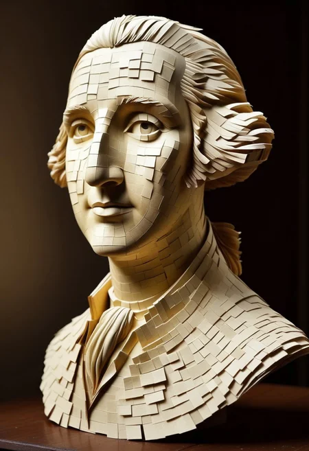 endposit_notesmorph, a cinematic photographic depiction of a paper sculpture of George Washington made out of paper post it notes, paper sticky notes, made from 3m post it notes, post it notes, paper texture