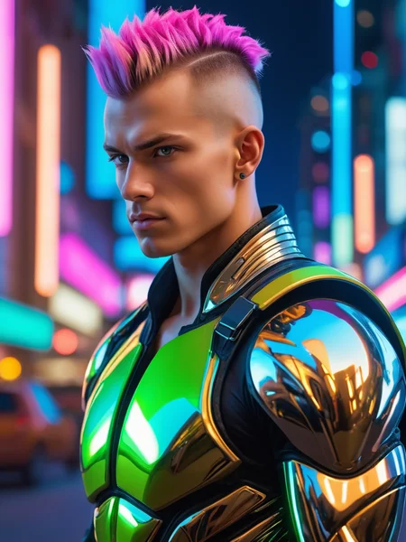 Photographic,absurdres,masterpiece,sharp focus,extreme detail description,male focus,muscular,abs, A lifelike portrait of a young man with a stylish mohawk, in a futuristic cityscape, with neon lights reflecting on his metallic armor, (futuristic), ((neon vibrancy)), (((intense focus))), high-tech ambiance, urban night.