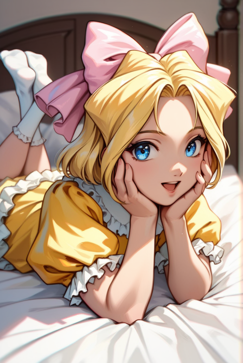 score_9, score_8_up, score_7_up, very aesthetic, source_anime, detailed, high quality, beautiful, masterpiece, detailed eyes,
indoor, blurry background,
<lora:lightXL:0.8>
cowboy shot, upper body,
open mouth, lying, on stomach, on bed, legs up, hands on own face, smile,
 <lora:iris_autismConfetti_v01:0.95>flat chest,
irisBase, blonde hair, blue eyes, hair bow, pink bow, short hair, parted bangs,
yellow dress, frills, white puffy sleeves, short sleeves,  layered dress, lace  white socks,, zPDXL