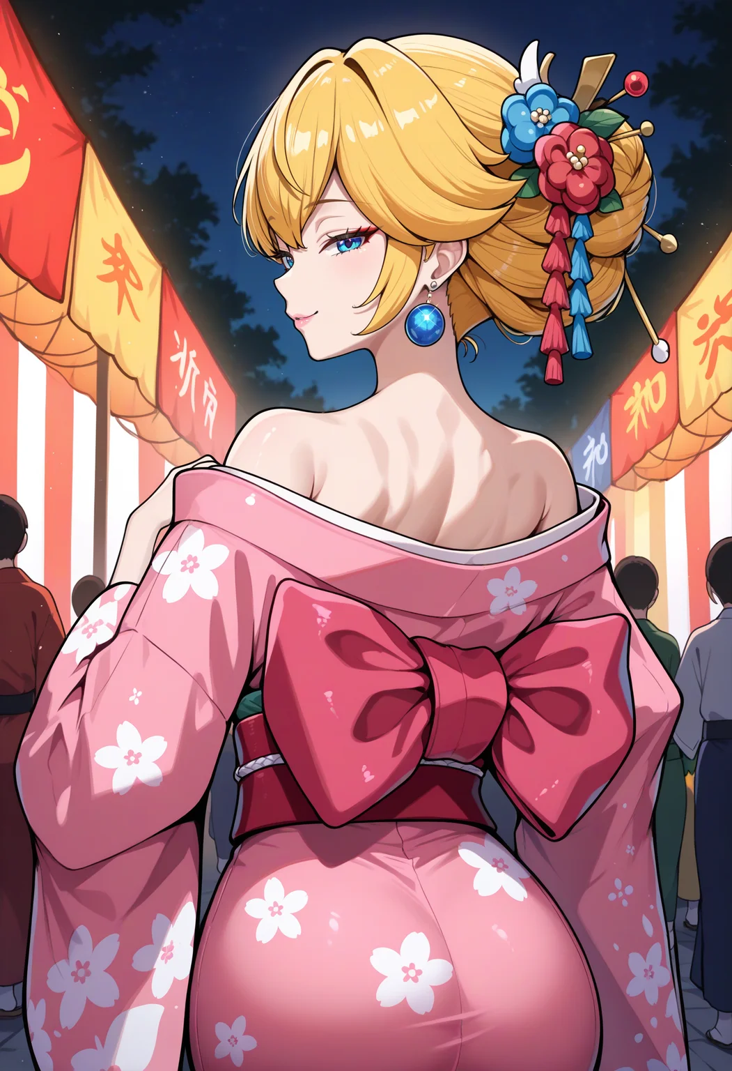masterpiece, best quality, newest, absurdres, highres, 1girl, <lora:PrincessPeach_NoobAI_Incrs_v1-000012:1>, IncrsPchKimono, blue eyes, bangs, hair ornament, pink kimono, japanese clothes, obi, sash, wide sleeves, floral print, long sleeves, obijime, print kimono, jewelry, earrings,
from behind, off shoulder, festival, fire works, seductive smile, looking at viewer, night, dark, high contrast,