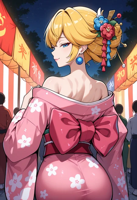 masterpiece, best quality, newest, absurdres, highres, 1girl, <lora:PrincessPeach_NoobAI_Incrs_v1-000012:1>, IncrsPchKimono, blue eyes, bangs, hair ornament, pink kimono, japanese clothes, obi, sash, wide sleeves, floral print, long sleeves, obijime, print kimono, jewelry, earrings,
from behind, off shoulder, festival, fire works, seductive smile, looking at viewer, night, dark, high contrast,