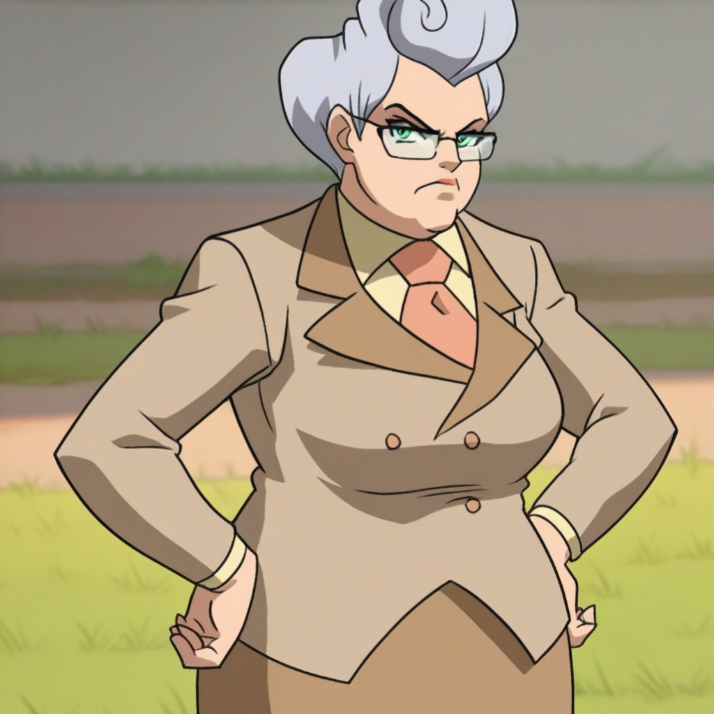 score_9, solo, principal_k, 1girl, grey hair, green eyes, glasses, necktie, suit, skirt, hands on hips, looking at viewer, scowl, grass, schoolyard
