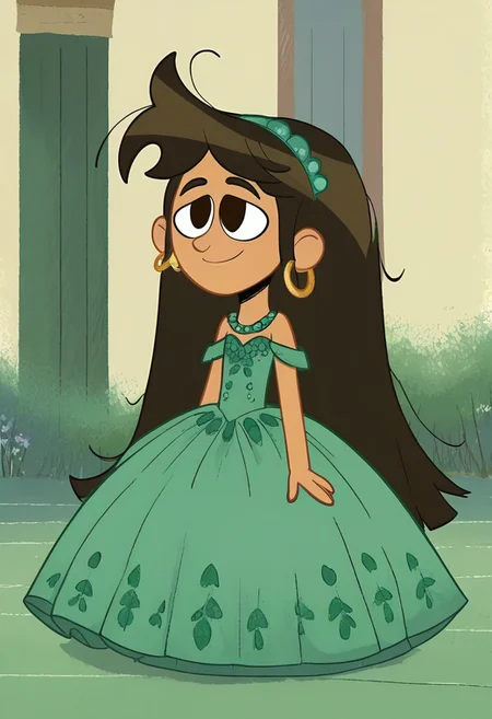 score_9_up, score_8_up, BREAK, 1girl, solo, 1girl, solo,
libby, tan-skinned female, brown hair, long hair, messy hair, brown eyes, droopy eyes, long green dress, crinoline green ball gown, green floor length quinceanera dress, hoop dress, hoop skirt, full body, green princess dress, light smile,