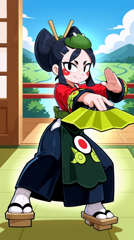 masterpiece, best quality, amazing quality, aesthetic, absurdres, best quality, 4k, upscale, indoors,sky, landscape, (dynamic pose, fighting stance, foreshortening), kaze, solo, 1girl, black hair, japanese clothes, black eyes, smile, geta, dual wielding, hand fan, kimono, sandals, apron, looking at viewer, hair stick, <lora:Kaze_IL:0.8>