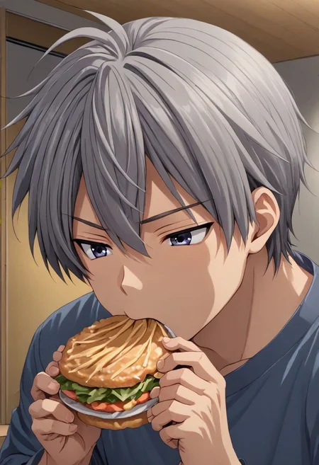 high resolution, solo, best quality, 1Boy, Tomoya Okazaki, Grey Hair, Eating Dango, OverallDetail