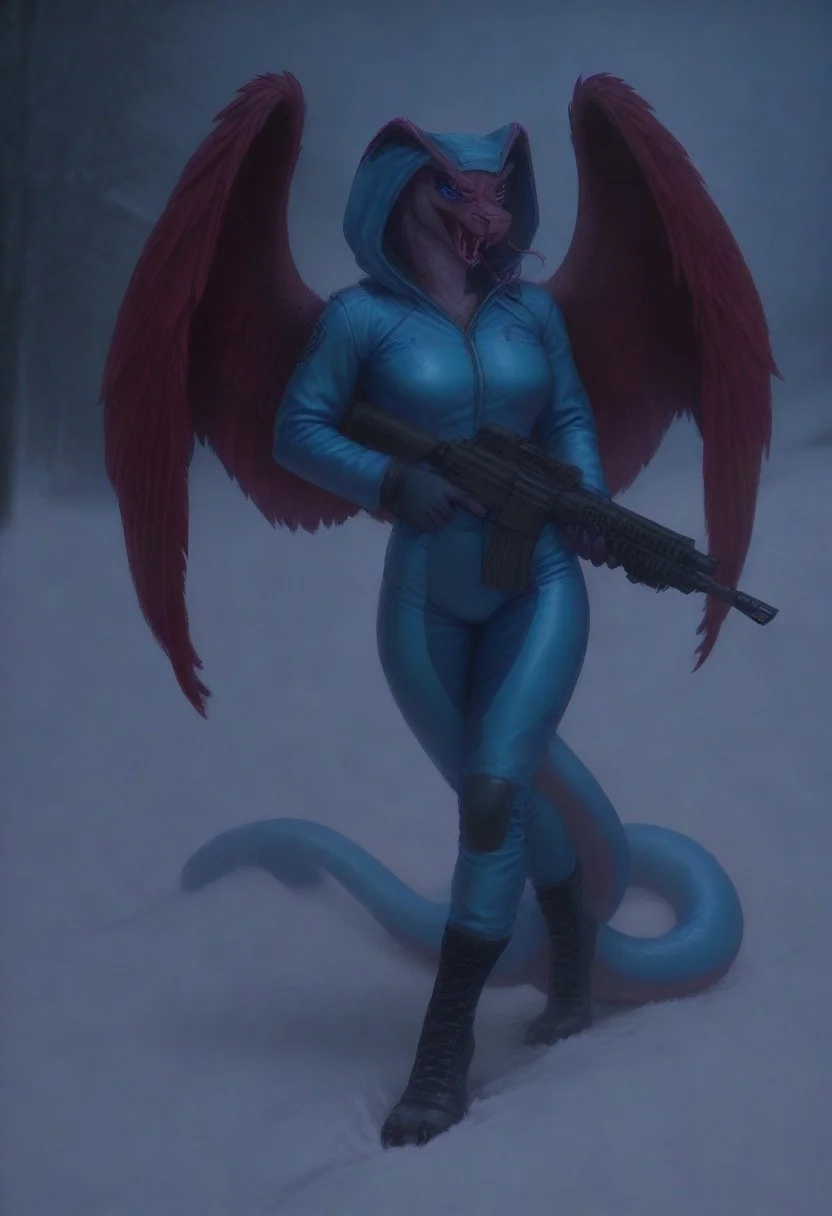 snow suit, hood, bodysuit,hood up, boots, 1boy, snow, solo, winter, full body, holding weapon, rifle, m16, assault rifle, trigger discipline, Snakegirl,no humans, colored skin, fangs, facial mark, slit pupils, furry, colored sclera, black sclera, snake, scales, furry female, multicolored skin, alien, squama, ElyssaTF, v1p3r, monster girl, snake, scales, fangs, forked tongue, jastaf, Coatl-IL-V1.0,  Coatl, snake, serpent, winged snake, winged serpent, wings, feathered wings, feathers, vergeillust,  very aesthetic,