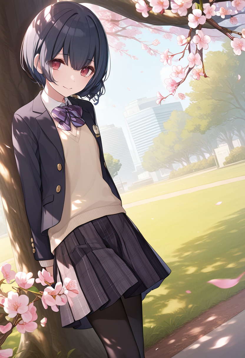 score_9, score_8_up, score_7_up, score_6_up,
<lora:Expressive_H:1.0>, uncensored,
1girl, <lora:MorinoRinze_pony_v1:1.0>, mrnrnz, short hair, black hair, blue hair, single hair bun, bangs, hair between eyes, red eyes, flat chest, slender body, (female child:1.2), red bow,
open jacket, blazer, black jacket, striped bowtie, purple bowtie, black skirt, plaid, plaid skirt, miniskirt, checked skirt, school uniform, skirt, sweater vest, long sleeves, black socks, loafers, miniskirt,
black pantyhose,
looking at viewer,
outdoors, park, city, day, cherry blossoms, Cherry blossom leaves dancing, sunlight filtering through the trees,
standing, arms behind back,
against tree,
smile, closed mouth,
masterpiece, best quality,