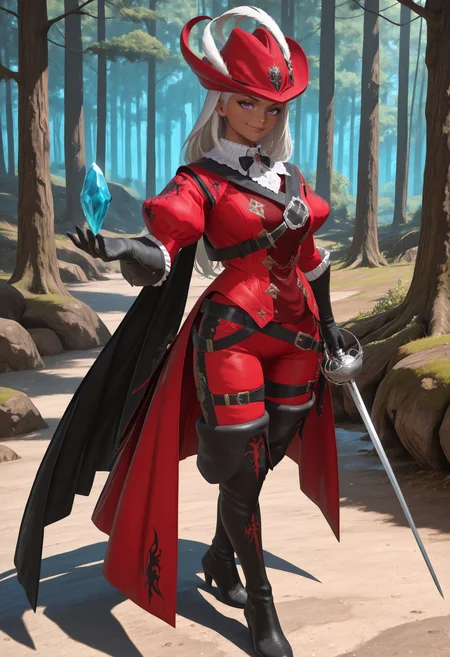 masterpiece, best quality, newest, absurdres, highres, full body,  <lora:cfg_scale_boost:.7>,  
1girl, full body, holding sword, rapier, holding crystal, open hand,  forest, long hair, dark-skinned female, white hair, purple eyes, looking at viewer, smirk,
<lora:RedMage_IL:1> redmage, hat feather,red hat,  black neck bow, black shoulder cape, red coat, juliet sleeves,
red pants, black gloves,black belt, black thigh boots,