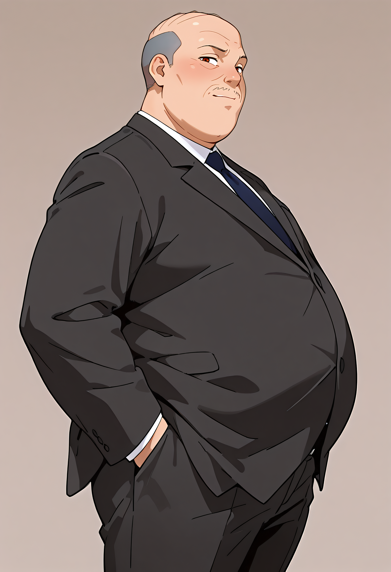 embedding:Illustrious\Positive\IllusP0s, embedding:Illustrious\Positive\IllustriousQual,1boy, jerry_ts!, bald, grey hair, brown eyes, slim, mustache, facial hair, black suit, formal, tie, fat, chubby, fatty Jerry, cowboy shot, hands in pocket, high resolution,