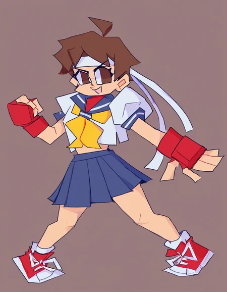 <lora:Zyg_epoch_10:0.9> zyg-png, geometric, sharp, kasugano_sakura, street_fighter, solo, 1girl, brown_hair, brown_eyes woman, short brown hair, brown eyes, white headband, school uniform, serafuku, yellow neckerchief, fingerless gloves, red sneakers, looking at viewer, smiling, navy blue pleated skirt,