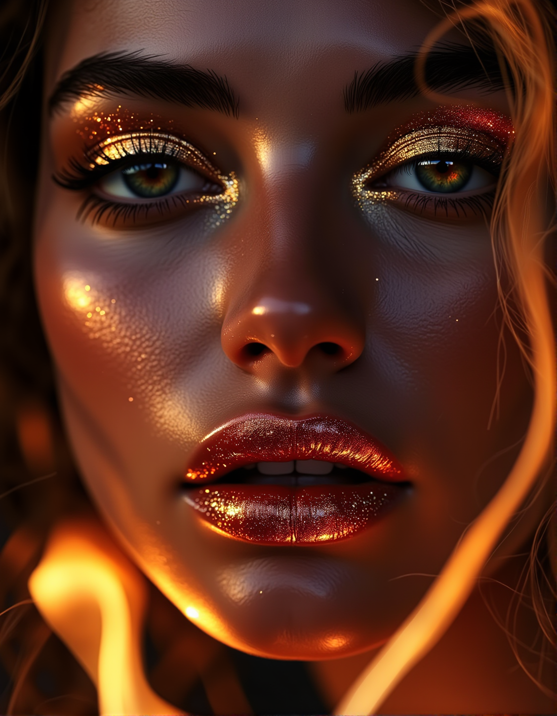 . A mesmerizing close-up of a womanâs lips glistening with metallic lipstick, as faint reflections of fire glow in the background., <lora:bv-close-up-enhancer.safetensors:1.0:1.0>