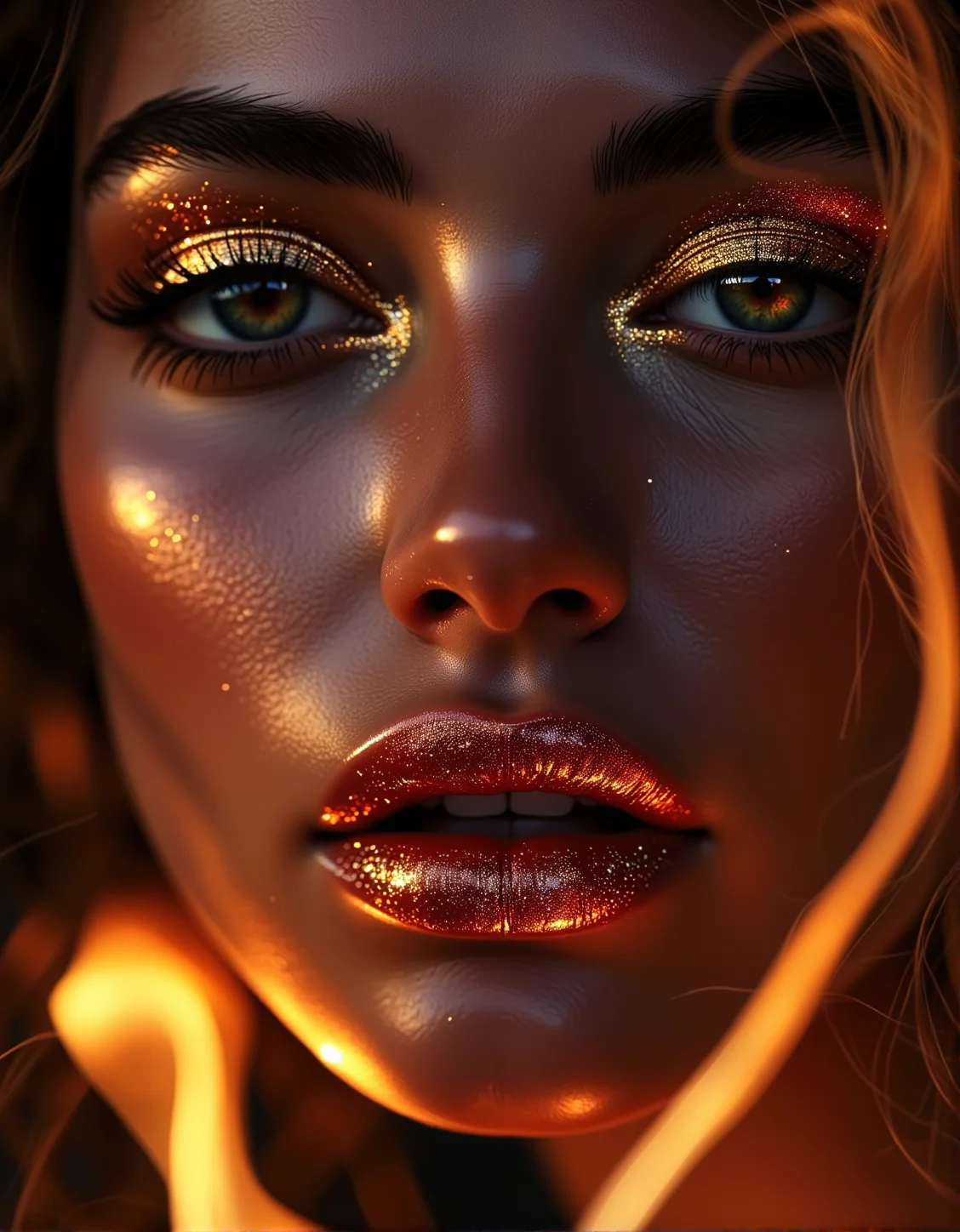 . A mesmerizing close-up of a womanâs lips glistening with metallic lipstick, as faint reflections of fire glow in the background., <lora:bv-close-up-enhancer.safetensors:1.0:1.0>