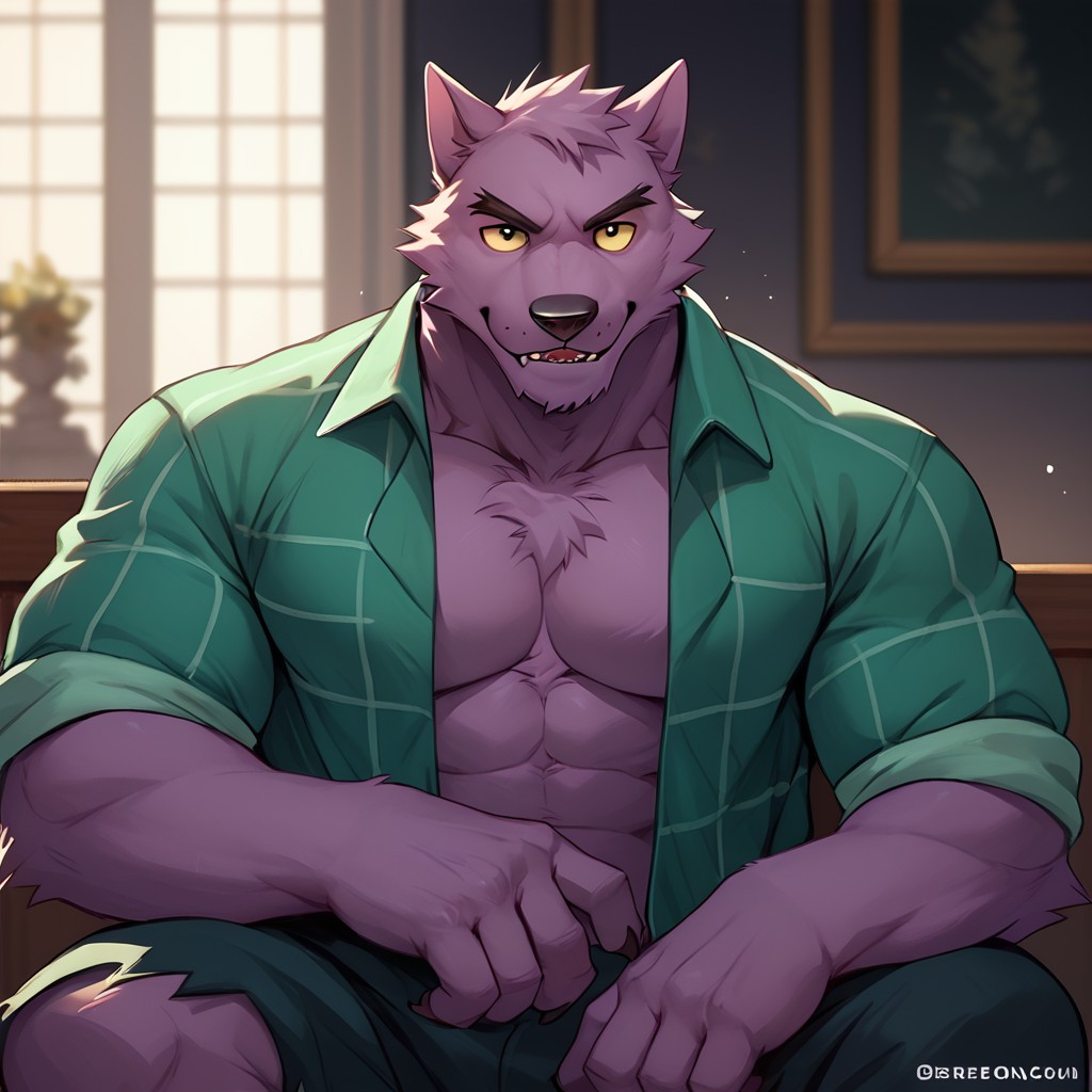 score_9, score_8_up, score_7_up, score_6_up, score_5_up,  Bernard, wolf, solo, furry male, purple fur, open shirt, bara, sitting  <lora:Bernard-000011:1.0>