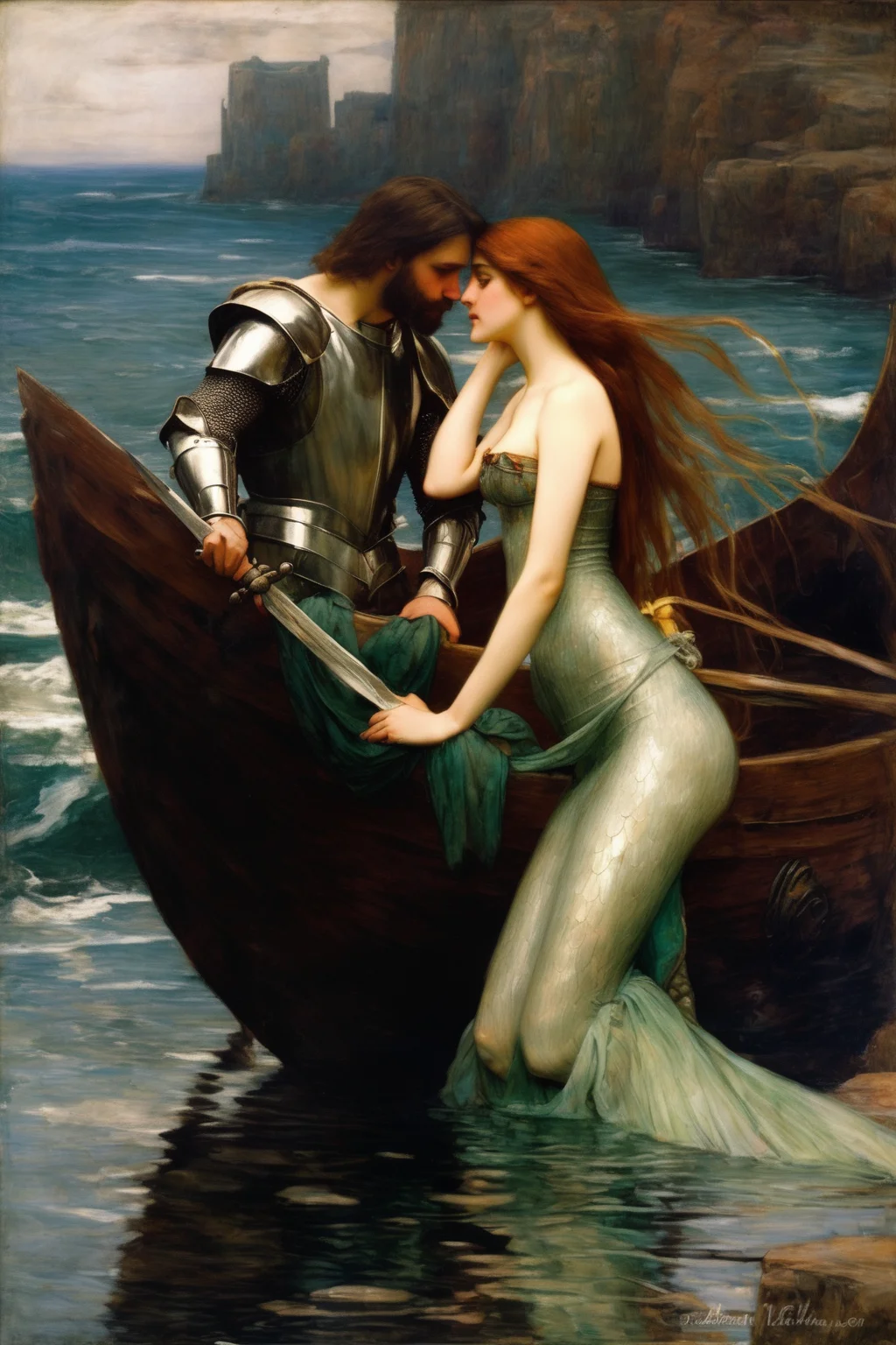 John William Waterhouse Style - a beautiful mermaid in love with a Knight, an oil painting