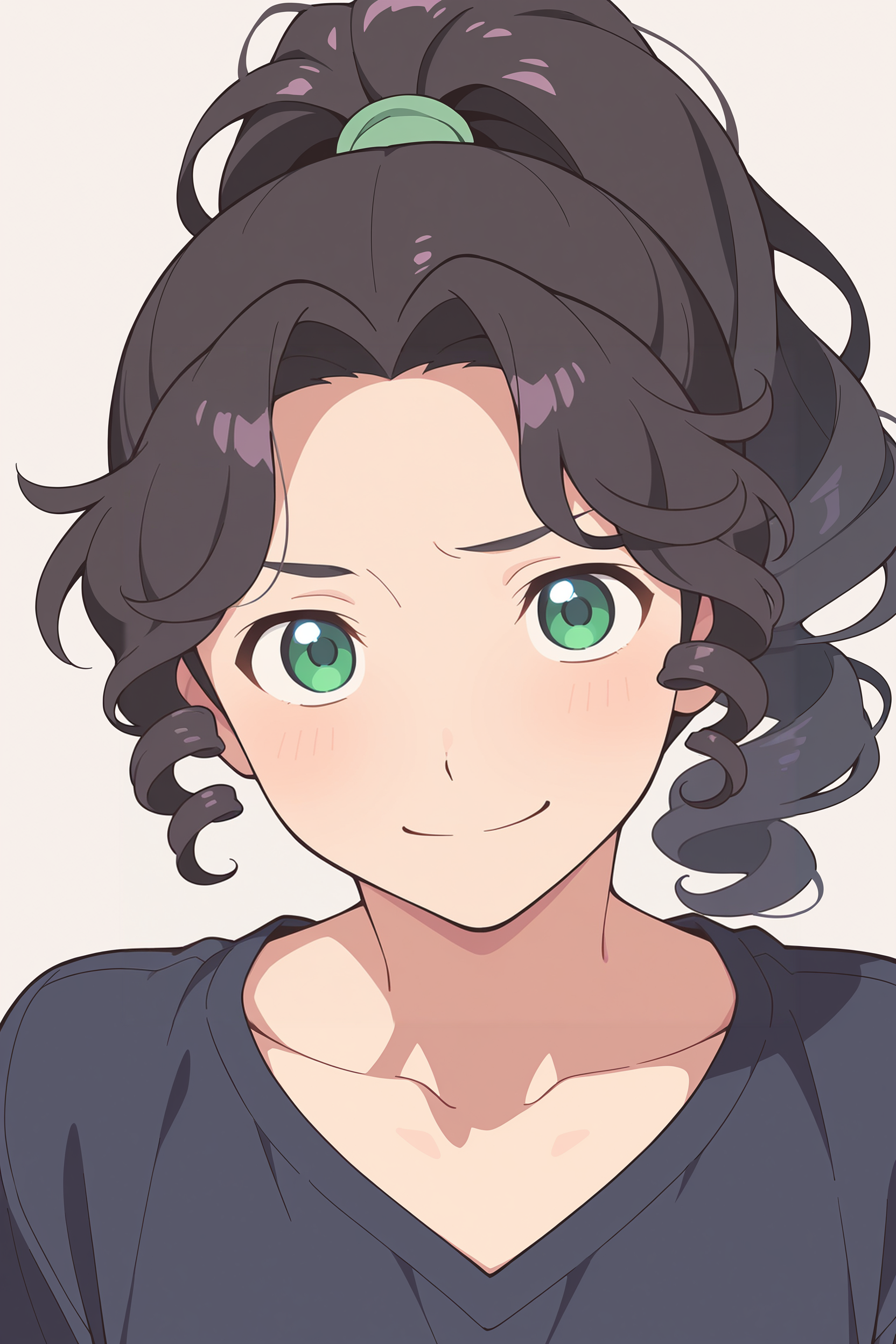 masterpiece, best quality, 1boy, solo,
 <lora:MeiLanIllustriousV1:1> meiyaolan, green eyes, black hair, curly bangs, curly hair, ponytail, 
by watanabe akio