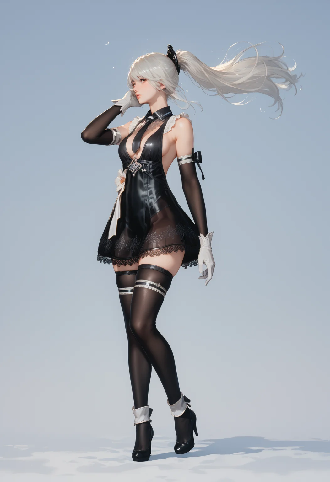 score_9, score_8_up, score_7_up, BREAK
1girl, yorha2, necktie, white gloves, detached sleeves, white hair, ponytail, mechanical hair binder, breasts, thighhighs, perfect face, perfect hands, dynamic angle, 2b2 heels,
solo, standing, cowboy shot, wind, hair flowing in the wind, from side, looking at viewer, hand in own hair,
pastel colors,
gradient background,
<lora:YoRHa type 2V3:0.8>