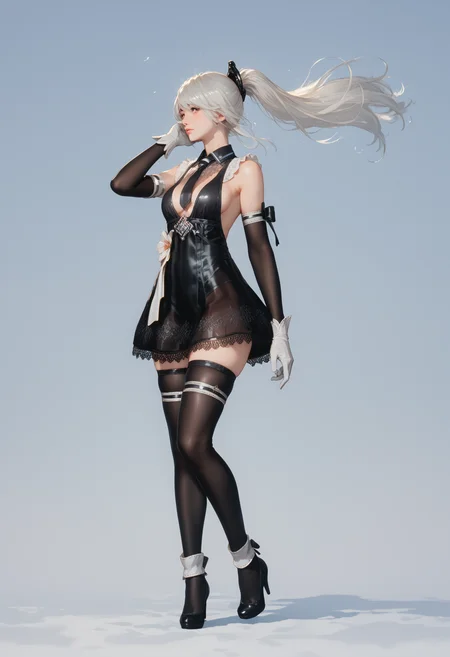score_9, score_8_up, score_7_up, BREAK
1girl, yorha2, necktie, white gloves, detached sleeves, white hair, ponytail, mechanical hair binder, breasts, thighhighs, perfect face, perfect hands, dynamic angle, 2b2 heels,
solo, standing, cowboy shot, wind, hair flowing in the wind, from side, looking at viewer, hand in own hair,
pastel colors,
gradient background,
<lora:YoRHa type 2V3:0.8>