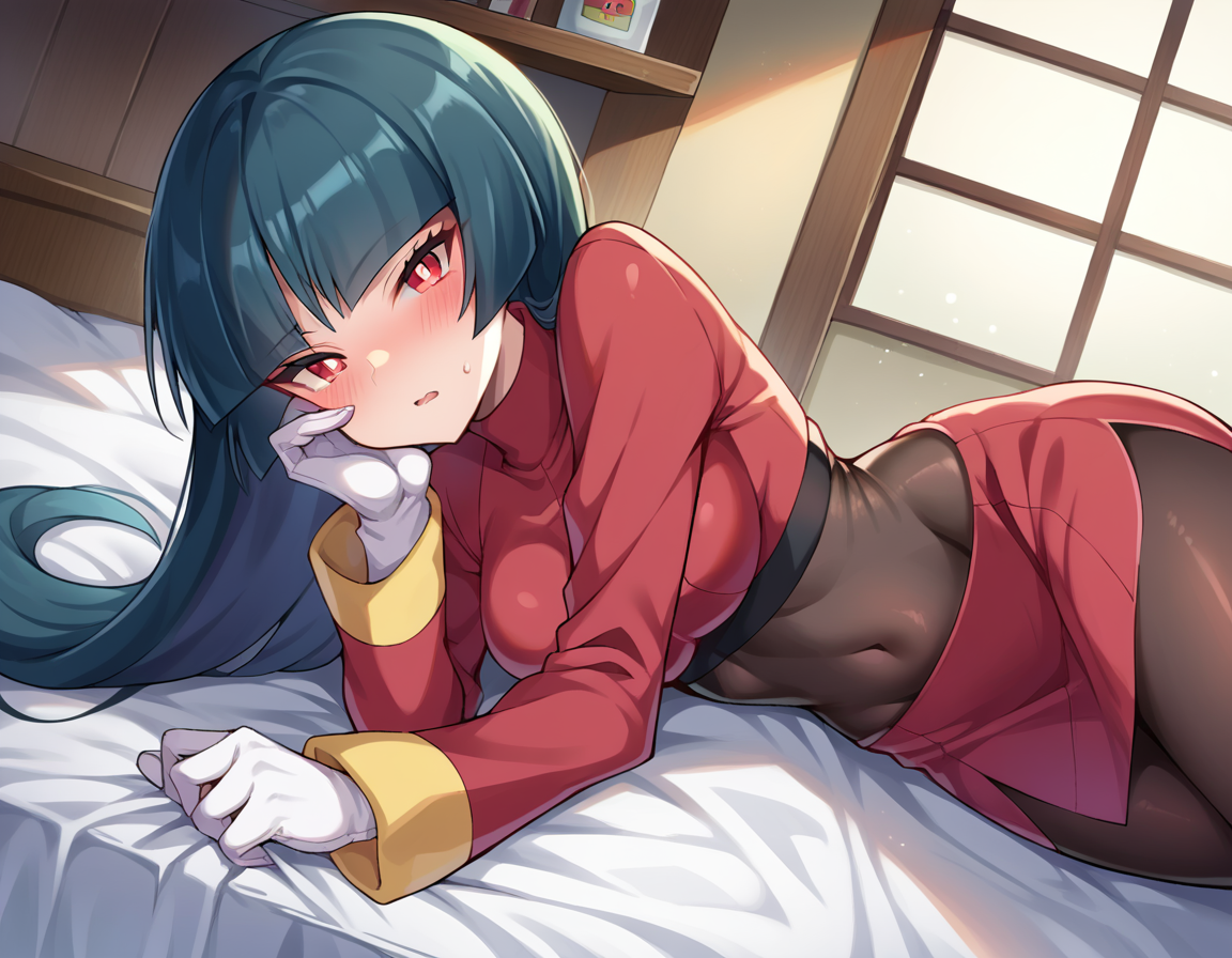 score_9, score_8_up, score_7_up, source_anime,
pokemonsabrina, <lora:pokemon-sabrina-ponyxl-lora-nochekaiser:1>
pokemonsabrina, black hair, long hair, bangs, blunt bangs, red eyes, hime cut, sidelocks, white pupils,
jacket, crop top, bodysuit, covered navel, midriff, red jacket, turtleneck, side slit, gloves, white gloves, long sleeves, pantyhose, skirt, red skirt, boots, red boots, socks, yellow socks, knee socks,
indoors, bed, bed room, on side, blush, drunk,
looking at viewer, cowboy shot, dutch angle,