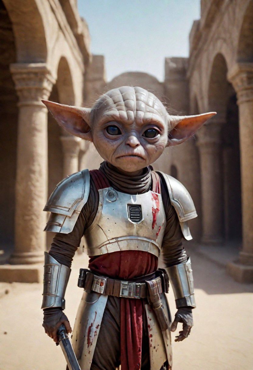 photography in the style of Labirynth movie, close up of (cute) and (sweet) creature with a (small) sword stained with (blood), inside a claustrophobic ancient and ruined labirynth ,fantasy,hyper detailed, real skin imperfections, hard lighting, bokeh, 18-20, Armor Star Wars