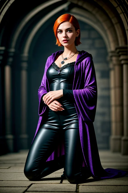 <lora:LCM_LoRA_Weights_SD15:1>,<lora:detail_slider_v4:1.4>,(foreboding necromancer) 46year old middle-aged <lora:Gwen_v1:0.7>,gwen,1girl,(green eyes:1.1),orange hair,short hair,hairclip,Well-defined muscles body build, (earrings:1.2),(necklace:1.2),(freckles:0.8), german, mahogany skin, wearing a black hooded cloakwith mystical runes, deep purple silk shirt , silk pants with mystical runes, velvet shoes , black lipstick, intricate tattoos, spiked armband,glowing amulet, set in a dimly lit crypt, with ancient stone sarcophagi and the faint smell of decay, where silence reigns supreme, in a foggy graveyard, sunny weather, during autumn, in the afternoon, Kneeling with hands on the ground looking focused, medium breasts,(full body:1.3),(full shot:1.3),(wide shot:1.3),(full body portrait:1.3),cinematic angle:1.1,Sci-Fi Inspired fashion style, draws inspiration from science fiction movies, and futurism, features futuristic silhouettes, and avant-garde designs, promotes imagination and innovation in fashion, explores concepts of technology,