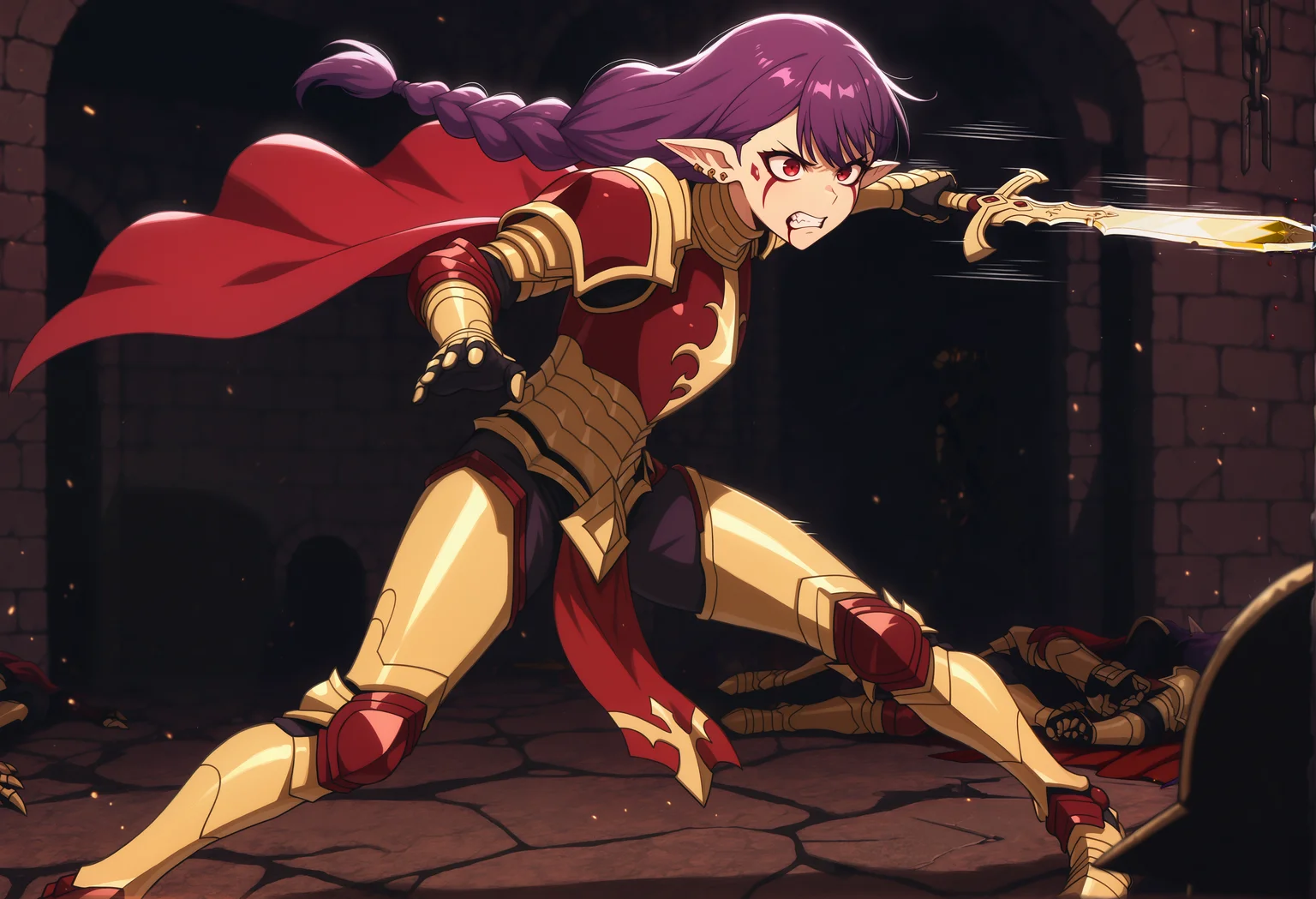 masterpiece, best quality, amazing quality, dungeon, 1girl, Esil Radiru, holding bloody sword, (standing), gold armor, red armor, red cape, pauldrons, breastplate, gauntlets, pelvic curtain, greaves, single braid, long hair, purple hair, red eyes, facial mark, pointy ears, earrings, angry, rage, detailed background, dungeon, combat, dynamic pose, action pose, bleeding goblin lying on ground, simple outfit goblins, fighting against goblins