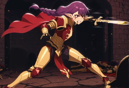 masterpiece, best quality, amazing quality, dungeon, 1girl, Esil Radiru, holding bloody sword, (standing), gold armor, red armor, red cape, pauldrons, breastplate, gauntlets, pelvic curtain, greaves, single braid, long hair, purple hair, red eyes, facial mark, pointy ears, earrings, angry, rage, detailed background, dungeon, combat, dynamic pose, action pose, bleeding goblin lying on ground, simple outfit goblins, fighting against goblins