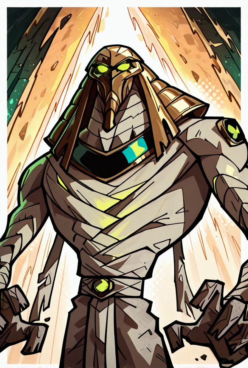 <lora:snareoh-07:1> snareoh, solo, male focus, no humans, 1boy, glowing eyes, green eyes, brown helmet, monster, mask, egyptian clothes,mummy bandages, mummy, massive hands,  Cartoon, dynamic pose <lora:sakfsdajfkasd:1> alpharecdyt, masterpiece, best quality, amazing quality, very aesthetic, absurdres, newest,, upper body, halftone effect, white borders, abstract background:1.2,