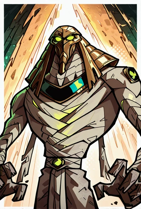<lora:snareoh-07:1> snareoh, solo, male focus, no humans, 1boy, glowing eyes, green eyes, brown helmet, monster, mask, egyptian clothes,mummy bandages, mummy, massive hands,  Cartoon, dynamic pose <lora:sakfsdajfkasd:1> alpharecdyt, masterpiece, best quality, amazing quality, very aesthetic, absurdres, newest,, upper body, halftone effect, white borders, abstract background:1.2,