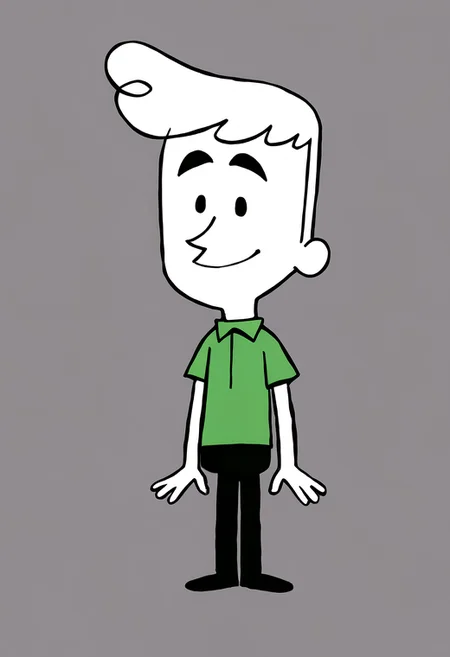 <lora:MistermanGuyFellav1.0:0.8> (zPDXL2), score_9, score_8_up, score_7_up, source_cartoon, misterman_awi, 1boy, solo, human, white skin, short hair, white hair, green shirt, short sleeves, black pants BREAK full body, toony, standing, thick eyebrows, black eyes, looking at viewer, smile, arms to side BREAK flat colors, gray background, best quality