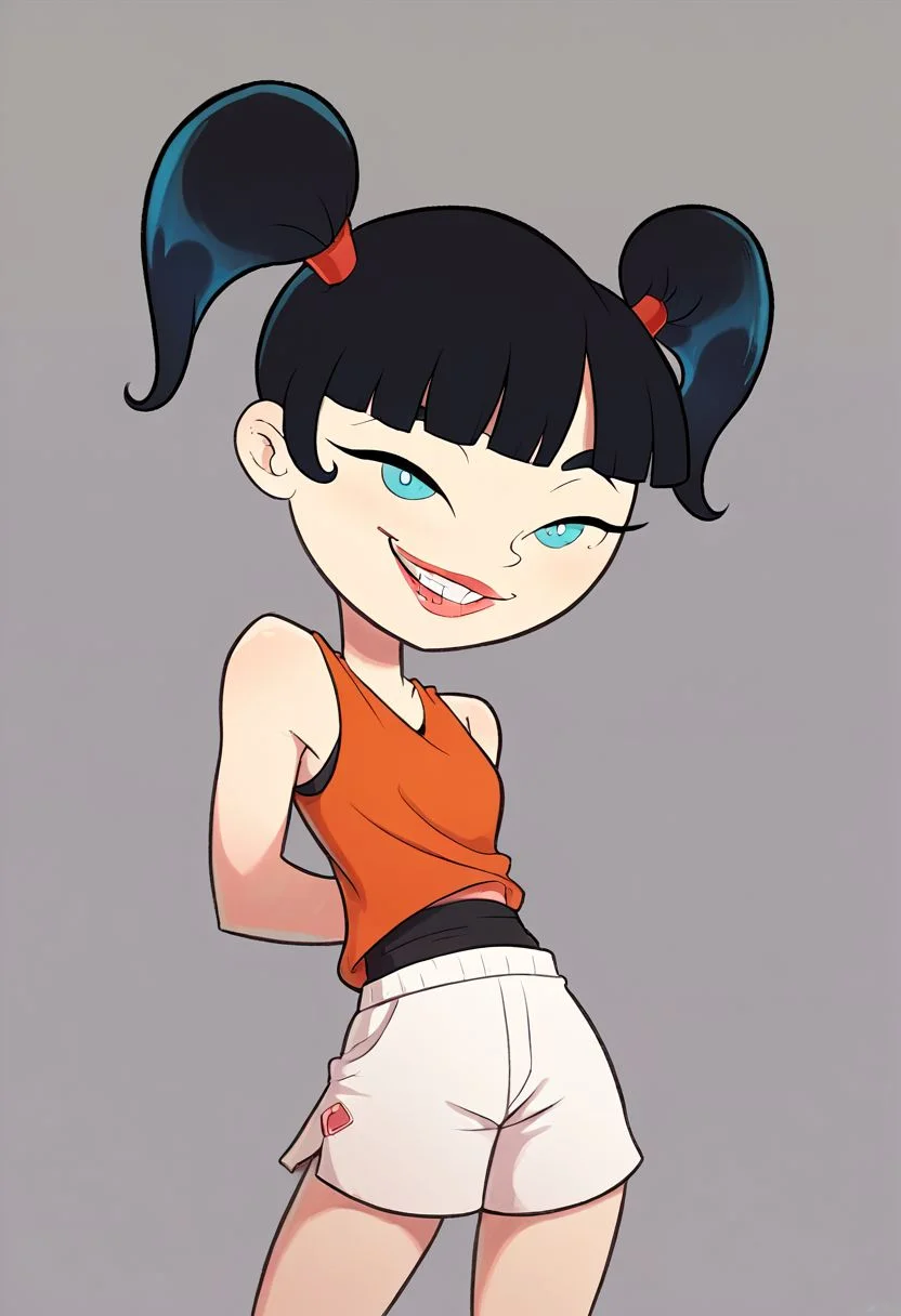 Score_9, Score_8_up, Score_7_up, Score_6_up, Score_5_up, Score_4_up,masterpiece,source_cartoon,
1girl, kimiko , black hair, solo, twintails, bangs, smile, blunt bangs,tanktop,shorts,lipstick,smile,