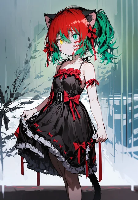 masterpiece, best quality, illustration, tekito midori, (((detailed lighting, rendered, perfect hair, detailed face and body))),1girl, solo, cat ears, green hair, red hair, two-tone hair, tail, heterochromia, yellow eyes, green eyes, slit pupils, dress, bow, ribbon, hair between eyes, bare shoulders, green eyes, standing, hair ribbon, hair bow, frills, sleeveless, belt, black footwear, black dress, red bow, red ribbon, sleeveless dress, skirt hold, spaghetti strap, front ponytail, frilled ribbon