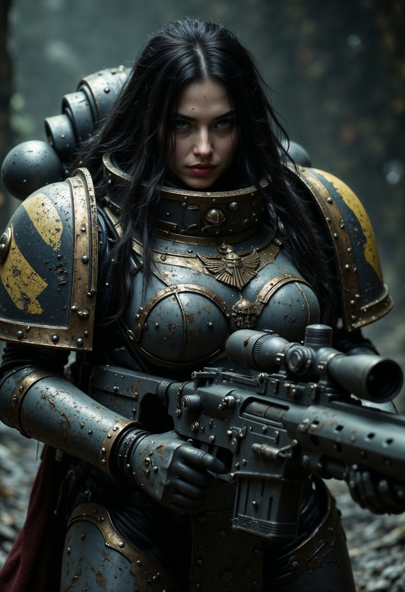 detailed photo, masterpiece, R3alisticF, a gorgeous female IronW40k space marine in gray power armor with gold embellishments, long black flowing hair, dark eyeshadow, red lips, holding a sniper rifle, aiming, dynamic pose, in a dark, damp cave, directional lighting, masterpiece, perfect composition, perfect hands, cowboy shot