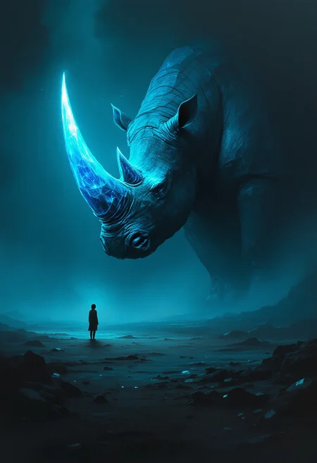A surreal and captivating painting depicting a massive, slumbering rhinoceros with a glowing blue crystal horn, dominating the foreground of a desolate, dark landscape. The rhinoceros' immense size looms over a solitary figure standing at a distance, their eyes fixed on the ethereal crystal. The scene exudes an otherworldly atmosphere, filled with mystery and wonder. The color palette consists of dark blue and teal hues, with soft lighting, a textured background, and an ethereal glow. The crystal-like textures and shallow depth of field create a sense of depth and intrigue. This masterpiece draws inspiration from the works of Salvador Dali and H.R. Giger, capturing the essence of dark fantasy in a cinematic, photographic
