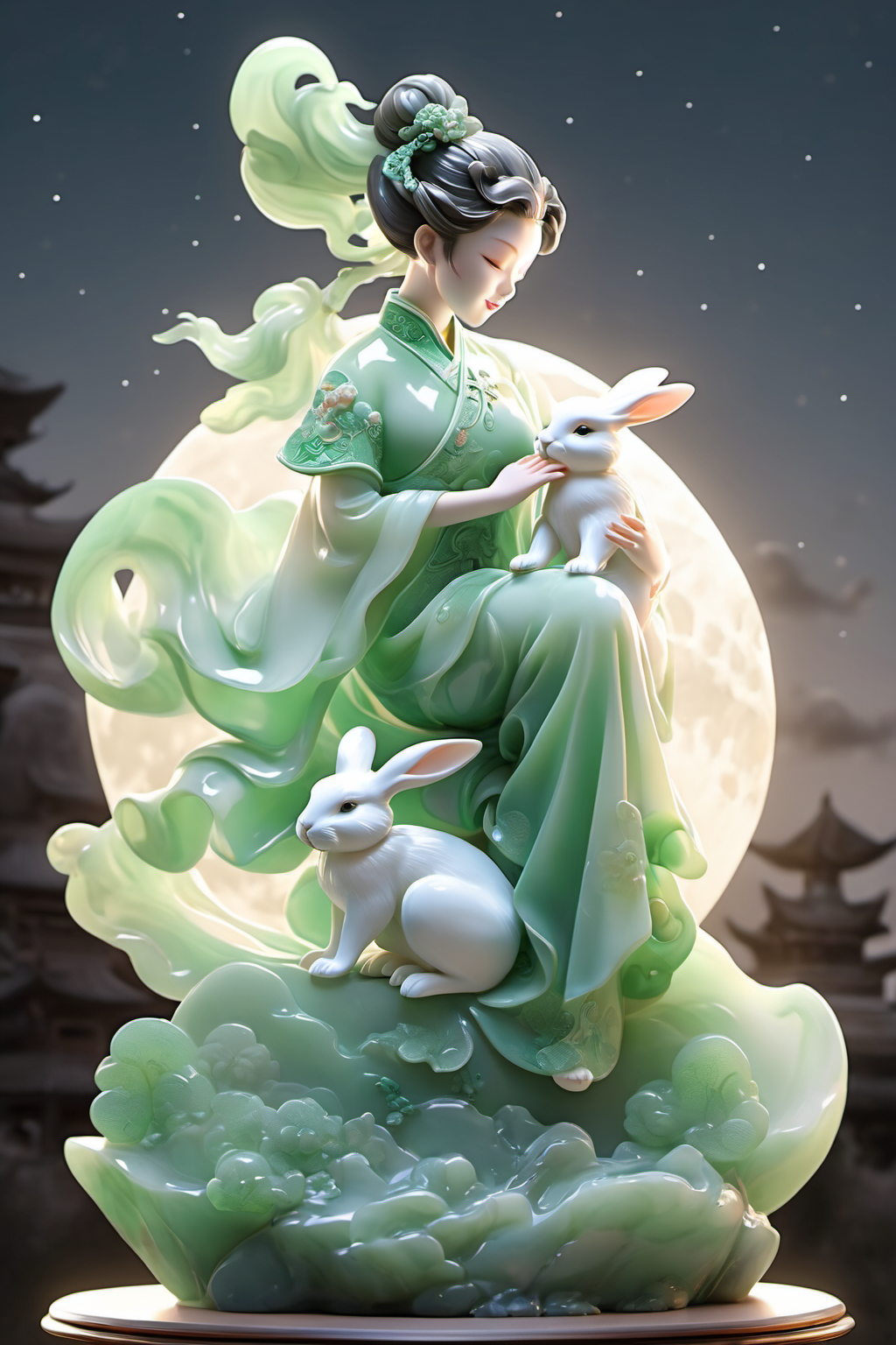 jade Sculptureï¼jade, realisticï¼1 girl, Holding a rabbit in her arms  ï¼pure skin, cheongsam, cinematic light, full moon, cloud, night, moon light, star  <lora:jade:0.7>