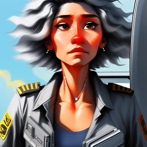 street art of a hulking, trim, Sleepy Aircrew woman, Convoluted, :d, with short gray hair wearing frills , digital art, highly detailed, fine detail, intricate, outrun, vaporware