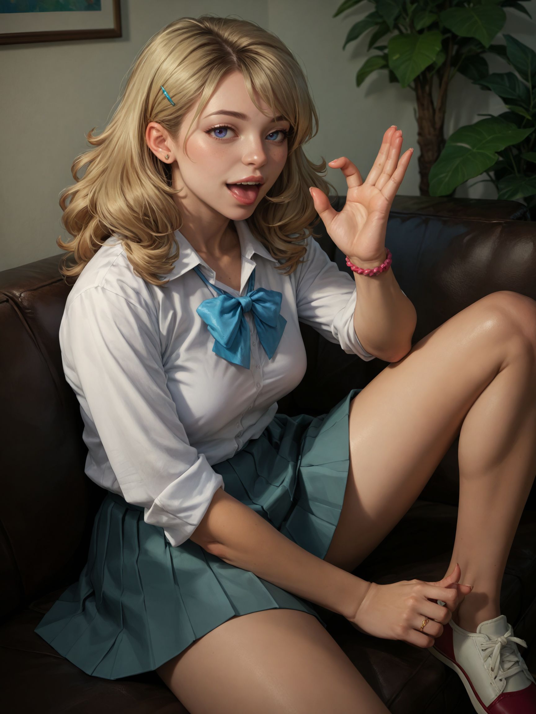 score_9, score_8_up, score_7_up, score_6_up, score_5_up, score_4_up, realistic,
1girl, bitchko <lora:bitchko_(jk_bitch)-PD-1.0:1>,
school uniform, reclining, couch, open mouth, fellatio gesture, leg up
